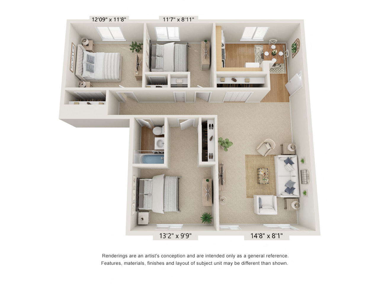 Floor plan for 3 beds, 1 bath, 1012 sqft